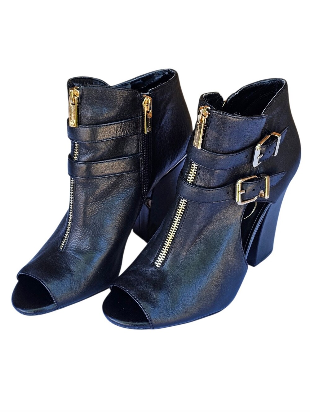 Jessica Simpson Black Leather Peep-Toe Ankle Booties with Gold Hardware